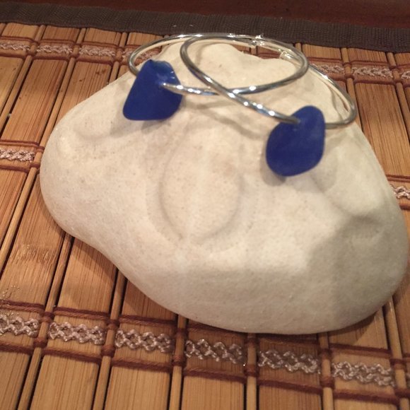 Cobalt Blue Sea Glass Hoop Earrings - Picture 4 of 4